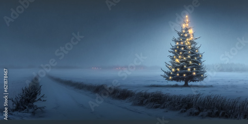 A lonely illuminated fir tree on a snow-covered field at night. Winter snowy shiny blurred backdrop. Copy space. Generative AI   © zenobillis