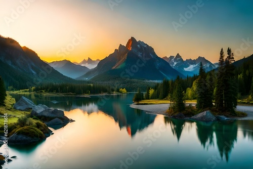 sunrise over the lake generated by AI technology