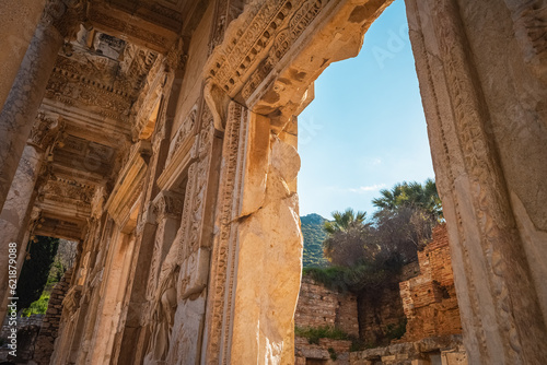 The entrance gate of Celsus Library in Ephesus Ancient City. Selcuk, Izmir, Turkey. Close up view.