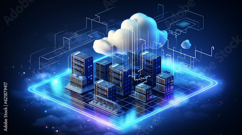 Cloud Computing Data Storage Illustration, 3D, Blue 