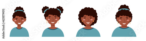 Avatars of black woman in different ages - from girl till elderly person in flat style. African woman portrait.