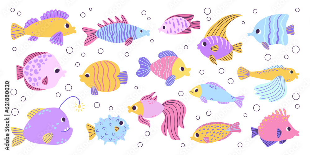 Set colorful different ocean fish with bubbles. Flying fish, angelfish, angler, puffer. Stylish modern design. Flat hand drawn colorful vector illustration isolated on white background.