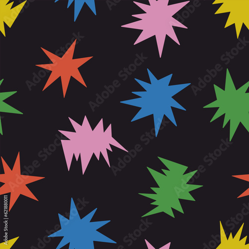 Modern abstract seamless pattern with colorful spots, shapes, stars. Hand drawn Scandinavian background. Vector illustration 