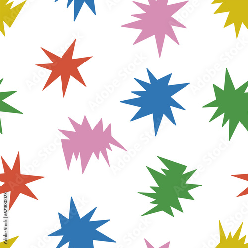 Modern abstract seamless pattern with colorful spots, shapes, stars. Hand drawn Scandinavian background. Vector illustration 