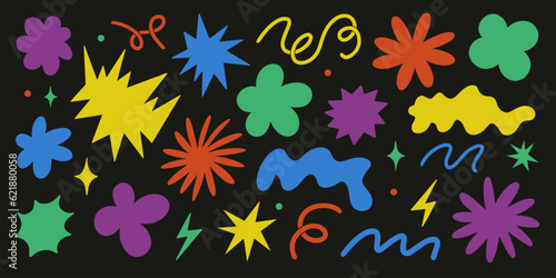 Abstract elements set. Star, flower, cloud shapes sticker pack. Groovy funky flower, bubble, star, loop, waves. Trendy retro 90s 00s cartoon style. Vector illustration