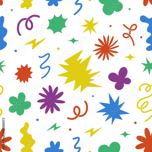 Modern abstract seamless pattern with colorful spots, shapes, lines, dots and design elements. Hand drawn groovy background. 