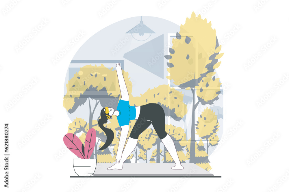 Virtual reality concept with people scene in flat design for web. Woman in VR headset does yoga asana with forest hologram simulation. Vector illustration for social media banner, marketing material.