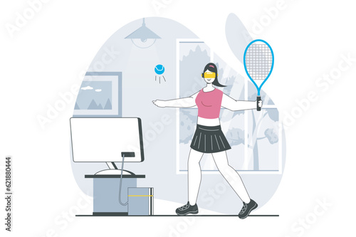 Virtual reality concept with people scene in flat design for web. Woman in VR headset playing tennis and training for cyber sports. Vector illustration for social media banner, marketing material.