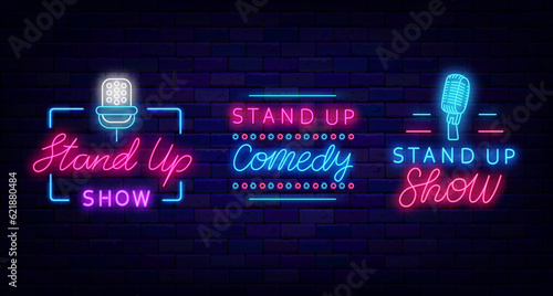 Stand up comedy neon signboards collection. Frame with microphone. Comic night show. Vector stock illustration
