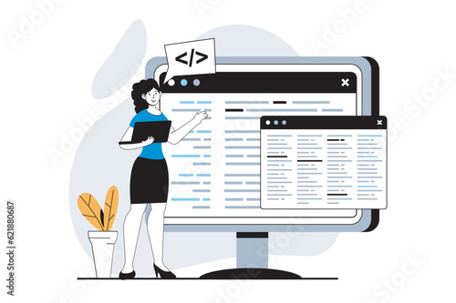 Web development concept with people scene in flat design. Woman working with programming code at computer screen and making layout. Vector illustration for social media banner, marketing material.