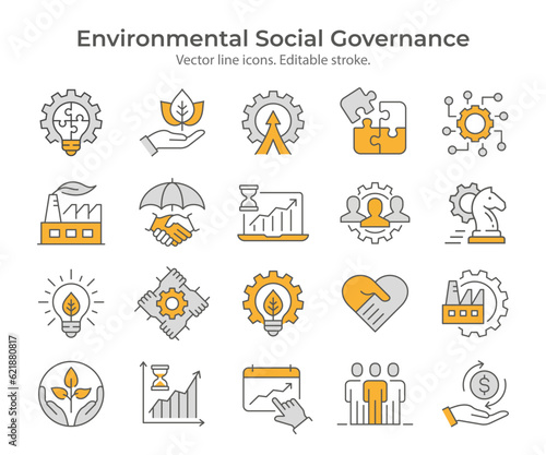 ESG flat icons, such as environment social governance, energy, financial performance, sustainable developmen and more. Editable stroke.