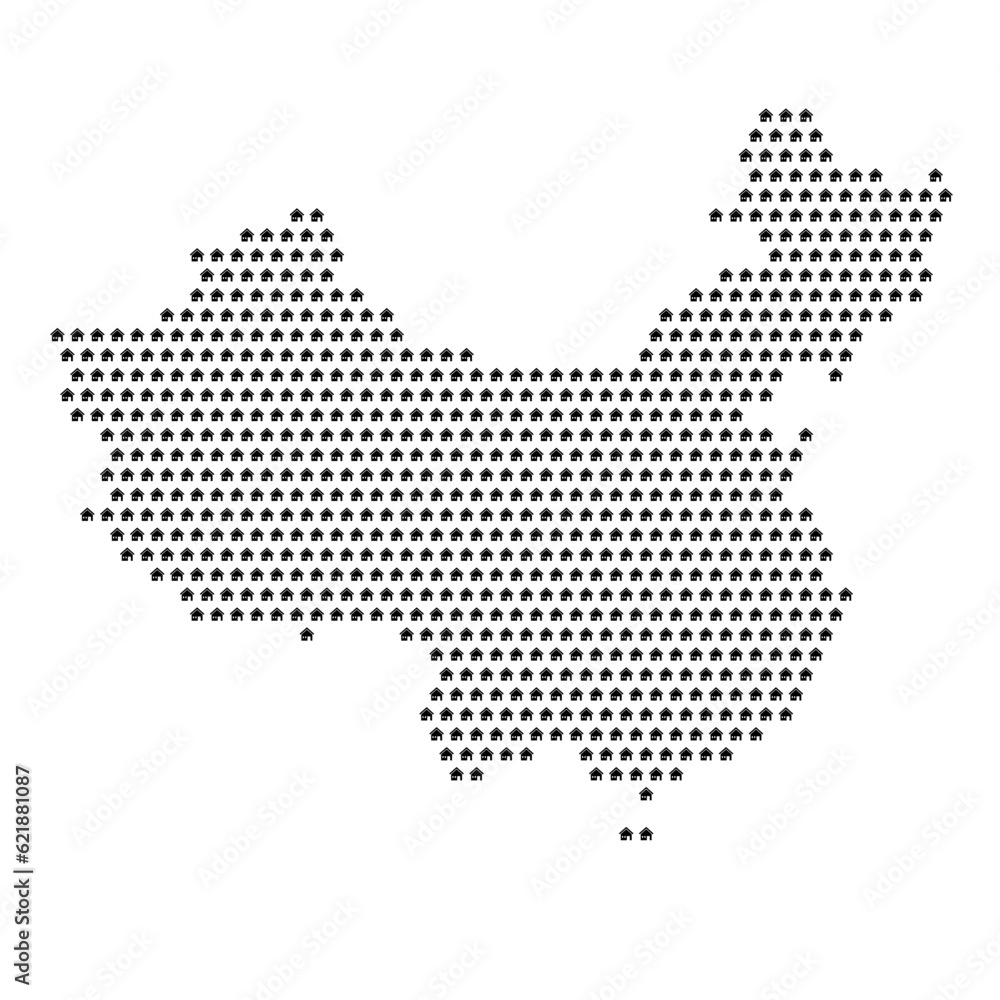 Map of the country of China with house icons texture on a white background