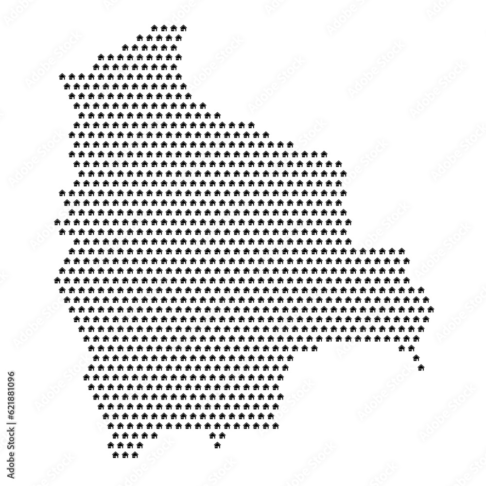 Map of the country of Bolivia with house icons texture on a white background