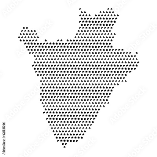 Map of the country of Burundi with house icons texture on a white background