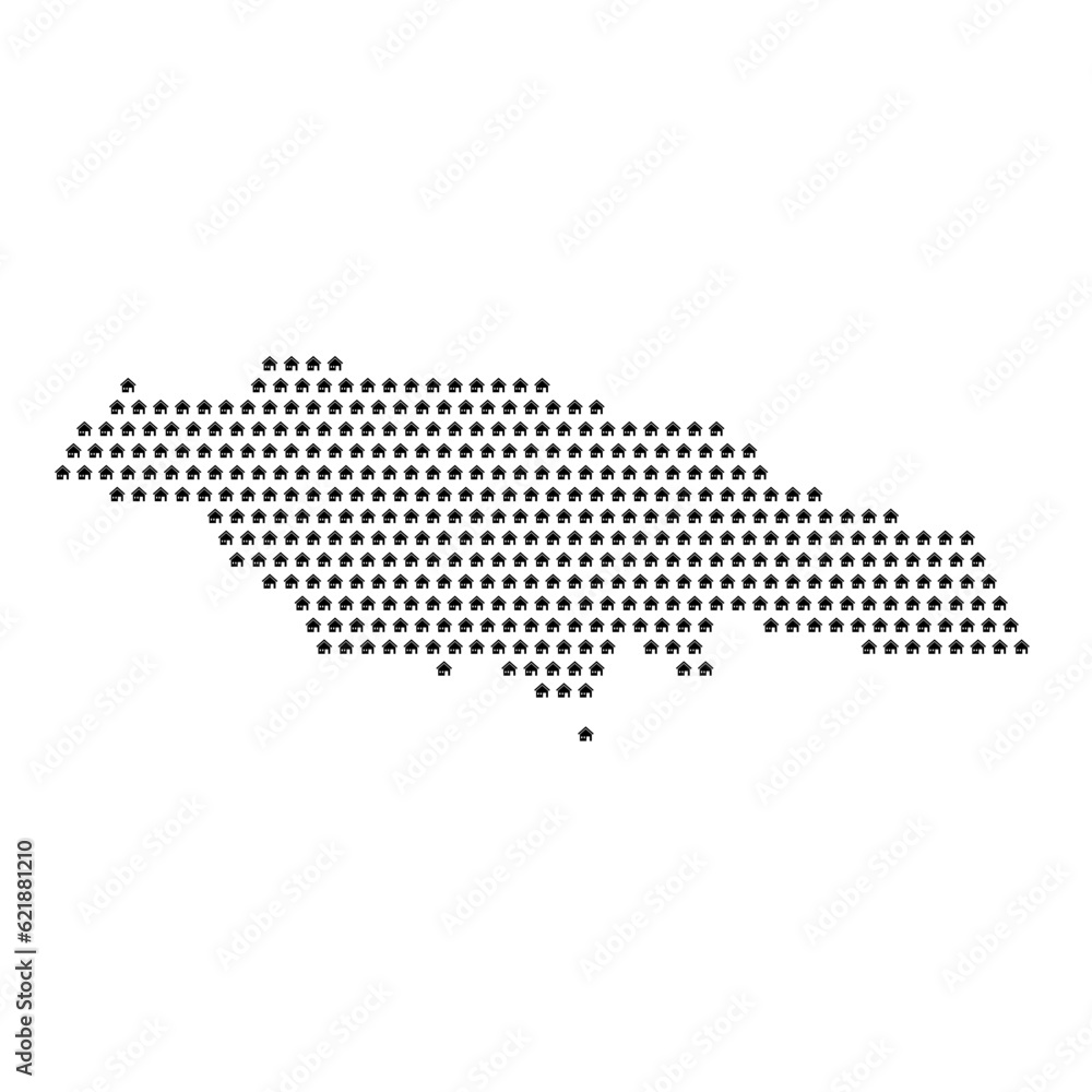 Map of the country of Jamaica with house icons texture on a white background