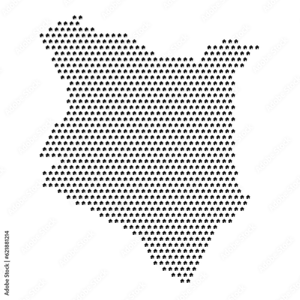 Map of the country of Kenya with house icons texture on a white background