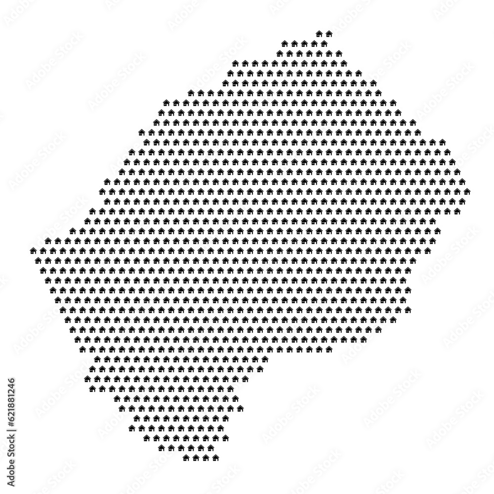 Map of the country of Lesotho with house icons texture on a white background