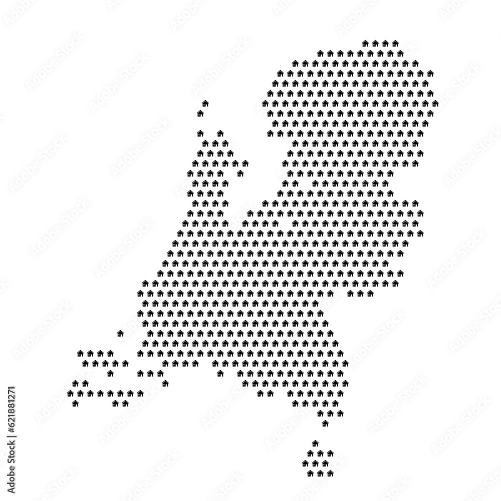 Map of the country of Netherlands with house icons texture on a white background