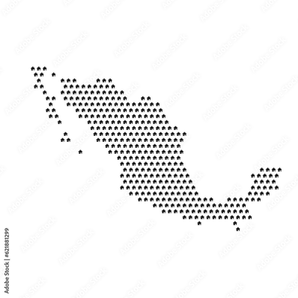 Map of the country of Mexico with house icons texture on a white background