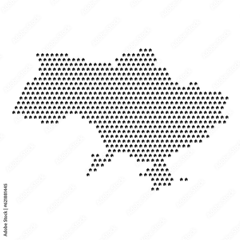 Map of the country of Ukraine with house icons texture on a white background
