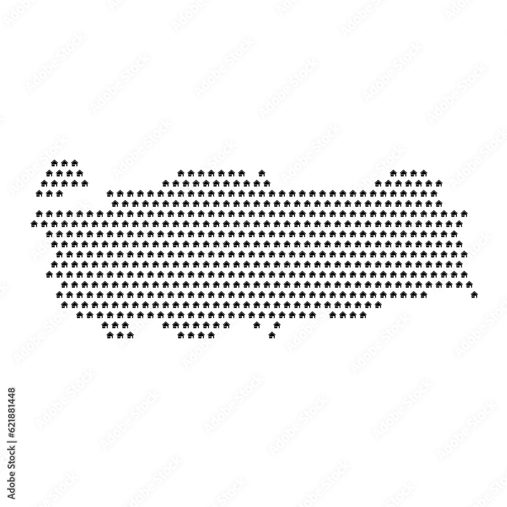 Map of the country of Turkey with house icons texture on a white background