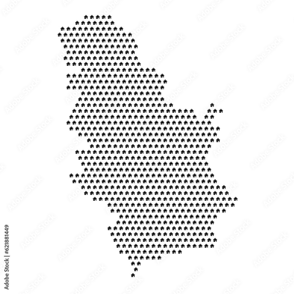 Map of the country of Republic of Serbia with house icons texture on a white background