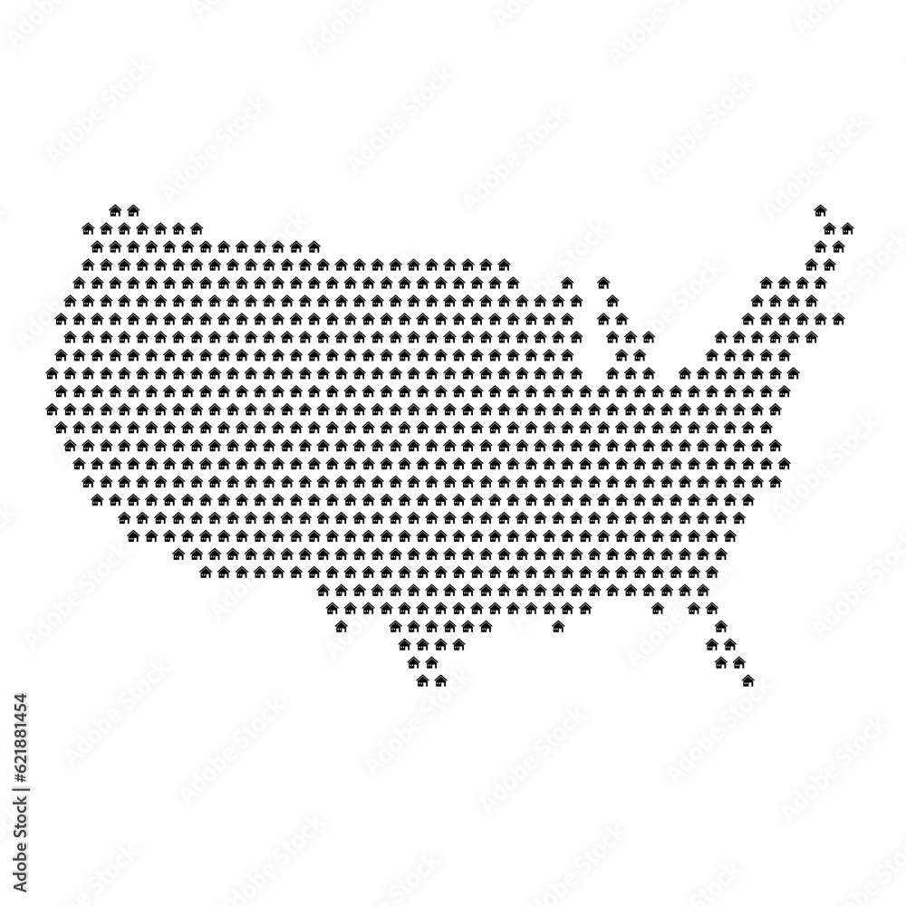 Map of the country of United States of America with house icons texture on a white background