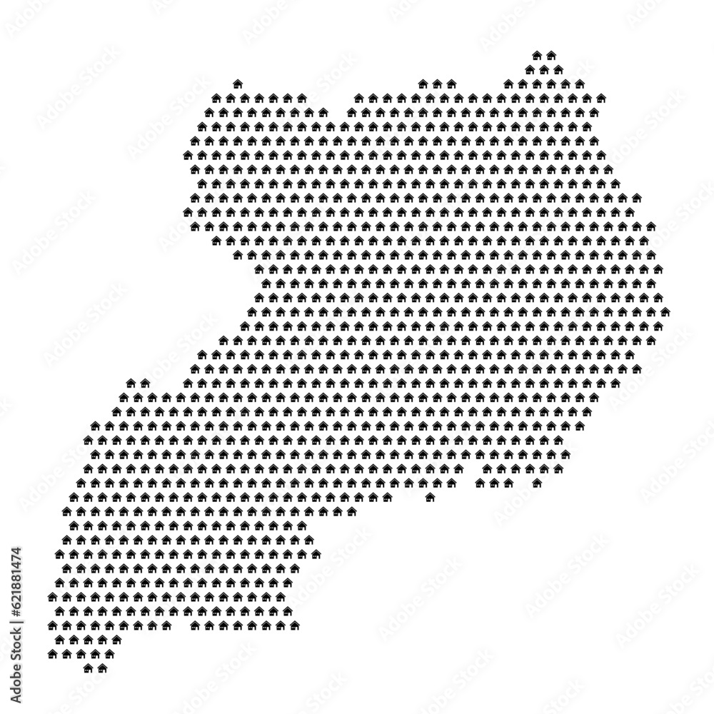 Map of the country of Uganda with house icons texture on a white background