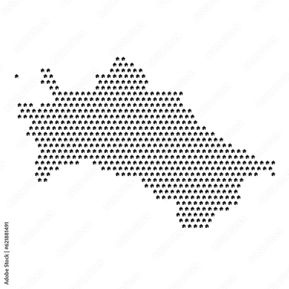 Map of the country of Turkmenistan with house icons texture on a white background