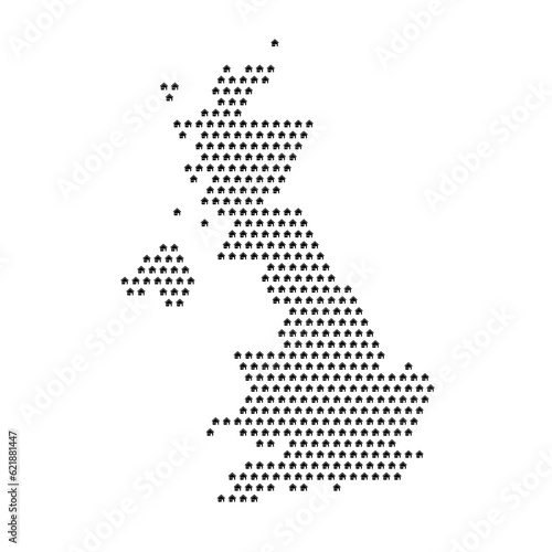 Map of the country of United Kingdom with house icons texture on a white background