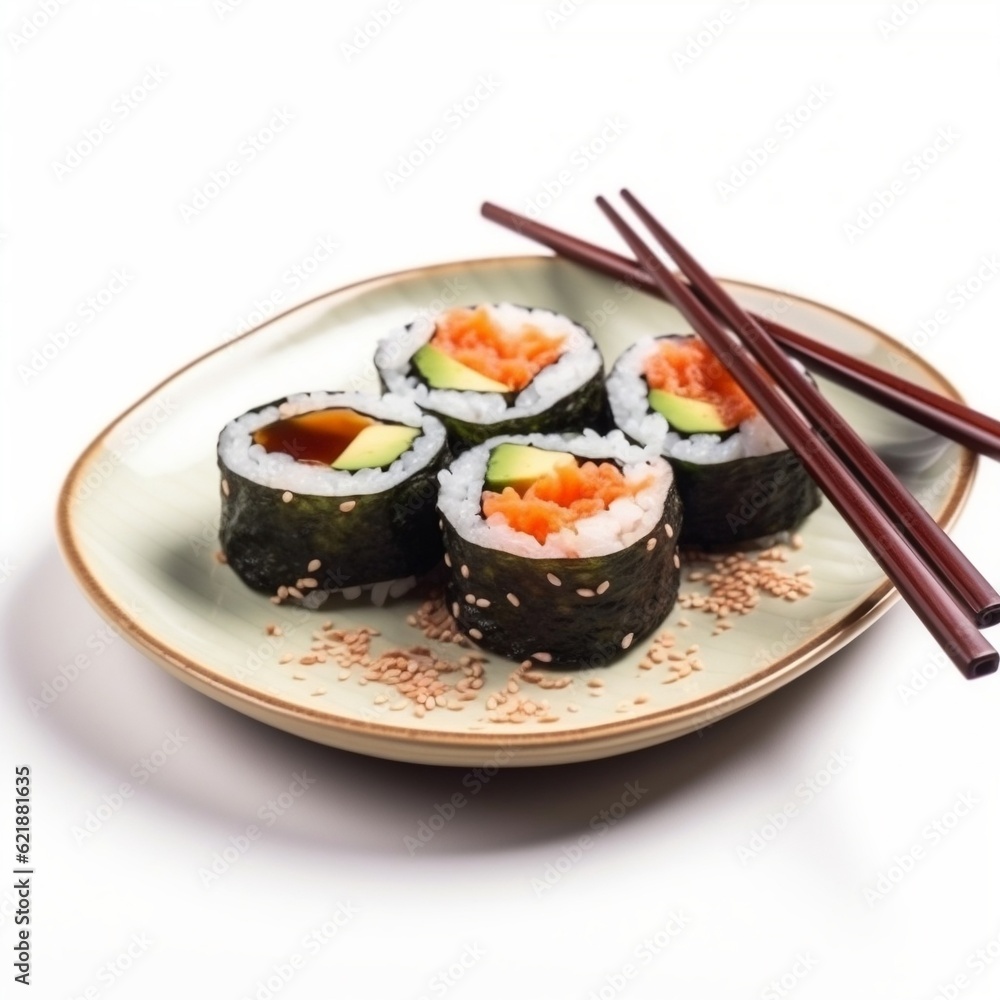 Sushi on a plate with chopsticks generative ai