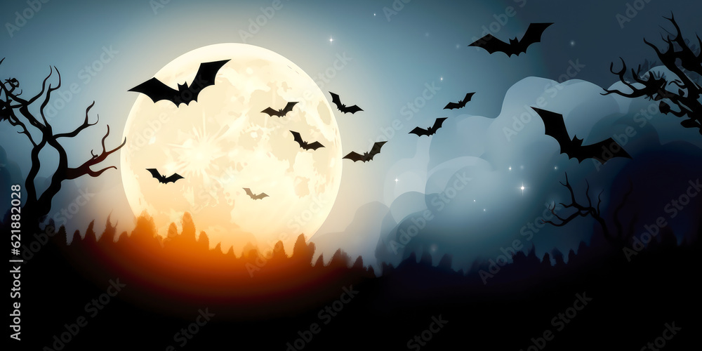 Colorful scary Halloween illustration of Halloween night, full moon and bats. Generative AI.  