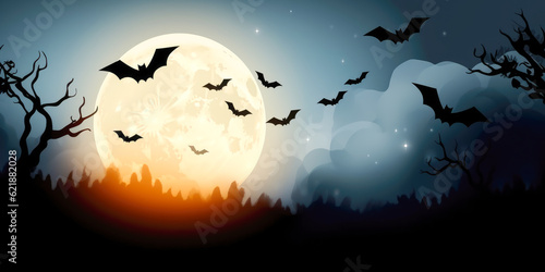 Colorful scary Halloween illustration of Halloween night, full moon and bats. Generative AI. 