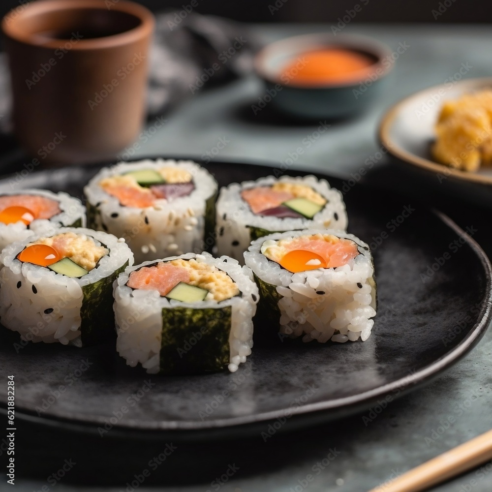 Sushi on a plate with chopsticks generative ai