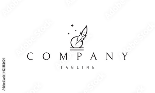 Vector logo on which an abstract image of an ink pen against the background of the full moon and stars.