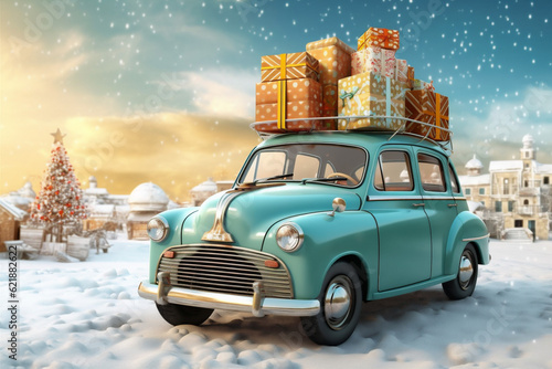 holiday gift retro christmas winter festive car merry candy snow. Generative AI.