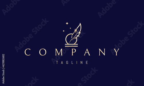 Vector golden logo on which an abstract image of an ink pen against the background of the full moon and stars.