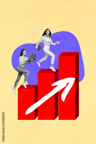 Collage 3d pop sketch image of purposeful ladies achieving success together isolated painting background