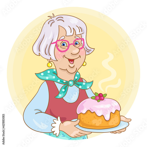 Cute grandmother in glasses with a beautiful cake in her hands. Avatar icon in cartoon style. Isolated on white background. Vector illustration.