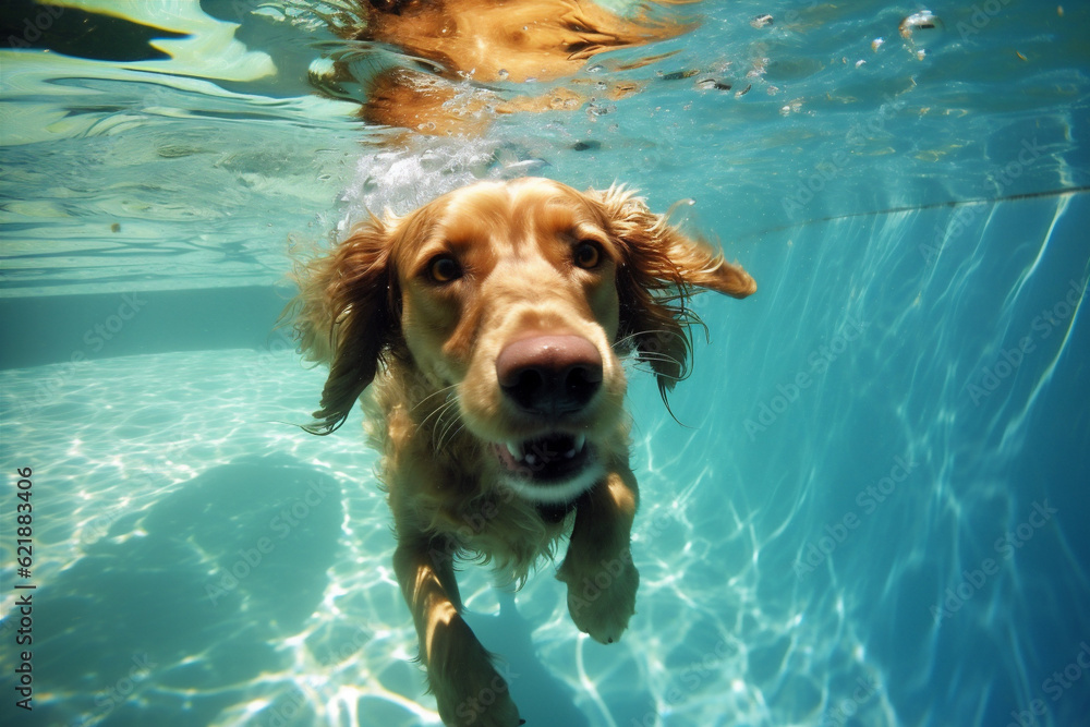 dog water funny swimming underwater snorkeling pool puppy vacation fun. Generative AI. dog water funny swimming underwater snorkeling pool puppy vacation fun. Generative AI.