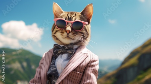 A cat wearing sunglasses and a suit with a tie. Generative AI image. photo