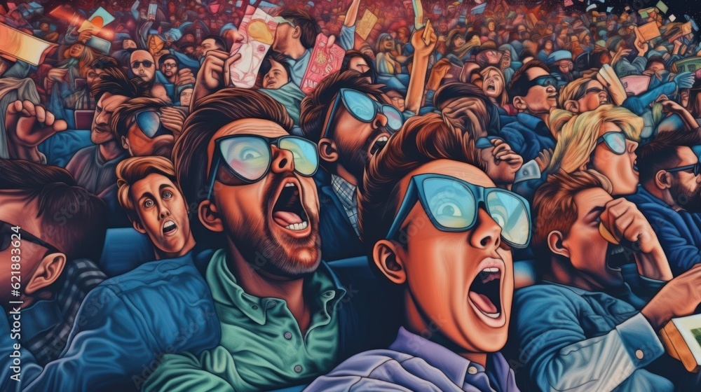 Young people watching a movie with 3D glasses in a cinema with great enthusiasm and wonder at the scene - obrazy, fototapety, plakaty 
