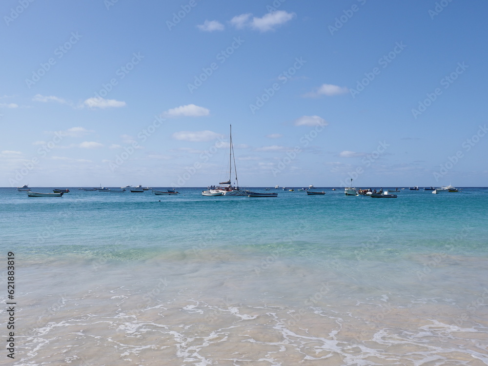Boats and yachts on Atlantic Ocean at Sal island in Cape Verde