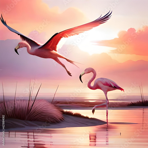 A flock of flamingos taking flight in a pink cloud