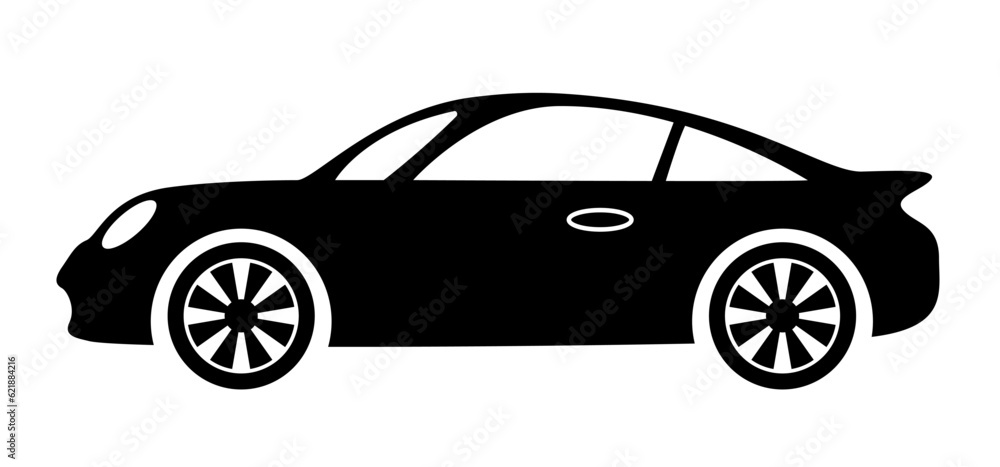 Automobile. Black vector flat icon. Car silhouette. Clipart isolated on white background.