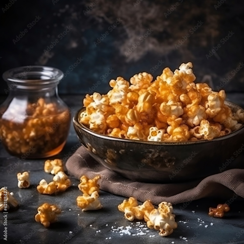 Popcorn in a bowl whit salt caramel generative ai Popcorn in a bowl whit salt caramel generative ai