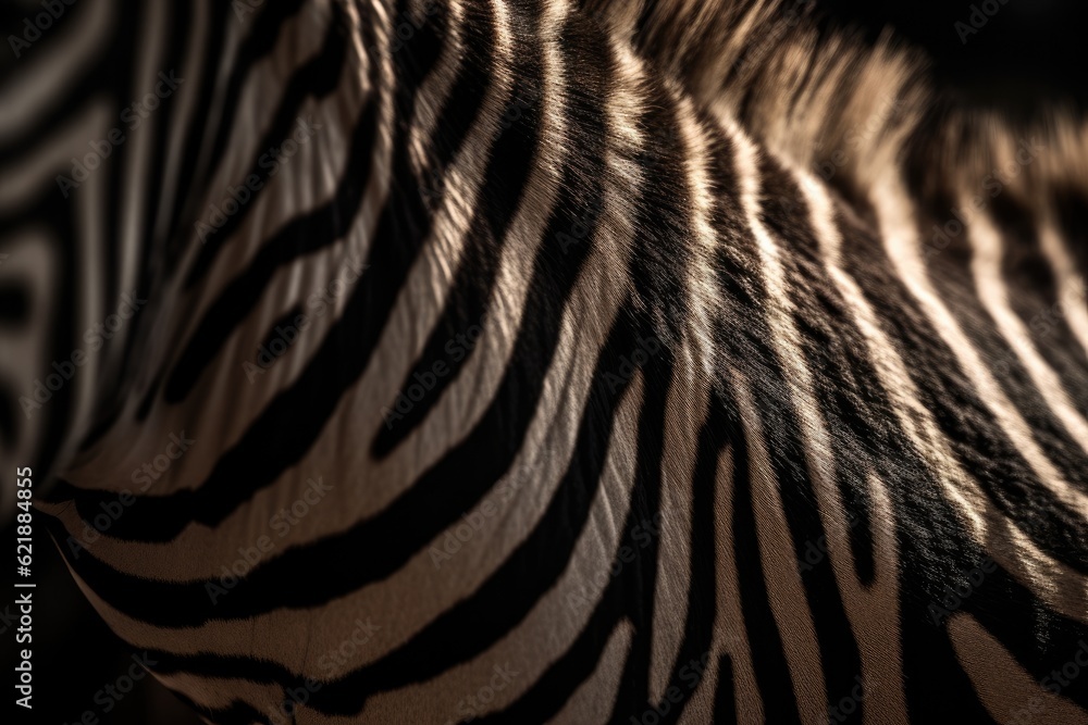 Fototapeta premium Background of natural zebra skin. Close up intricate pattern of lines on the skin of a zebra. Ai generative.