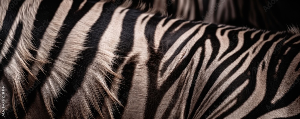 Background banner of natural zebra skin. Close up intricate pattern of lines on the skin of a zebra. Ai generative. Background banner of natural zebra skin. Close up intricate pattern of lines on the skin of a zebra. Ai generative.