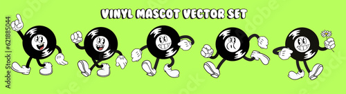 set of vinyl record characters, vintage mascot in different poses, retro cartoon style, logo design