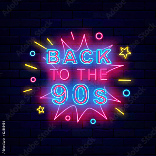 Back to the 90s neon sign. Retro party celebration. Holiday concept. Editable stroke. Vector stock illustration
